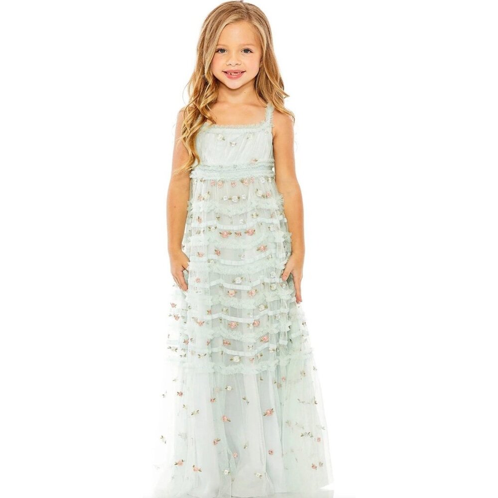 Mac Duggal Dress Girls‎ Size 4 Ruffle Tiered Floral Embroidered 8217